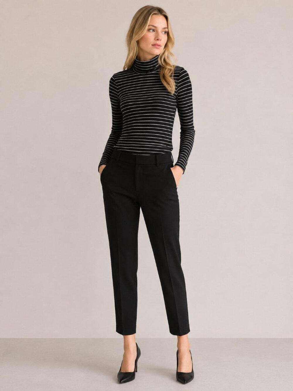 2/$30 Banana Republic Striped Cotton Turtleneck Long Sleeve Tee Black #A2292